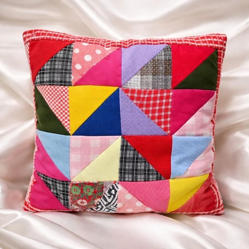 Vintage Hand Stitched Quilt Throw Pillow Primitive‎ Polyester Patchwork 15"